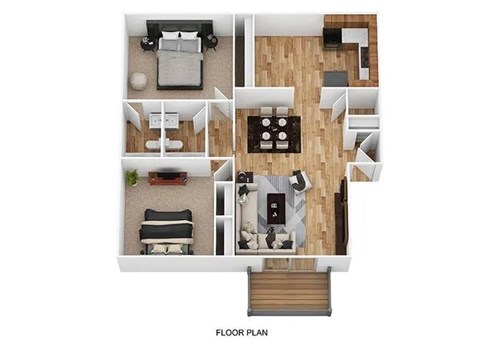 A floor plan of a house with a bedroom, living room, kitchen, and bathroom.